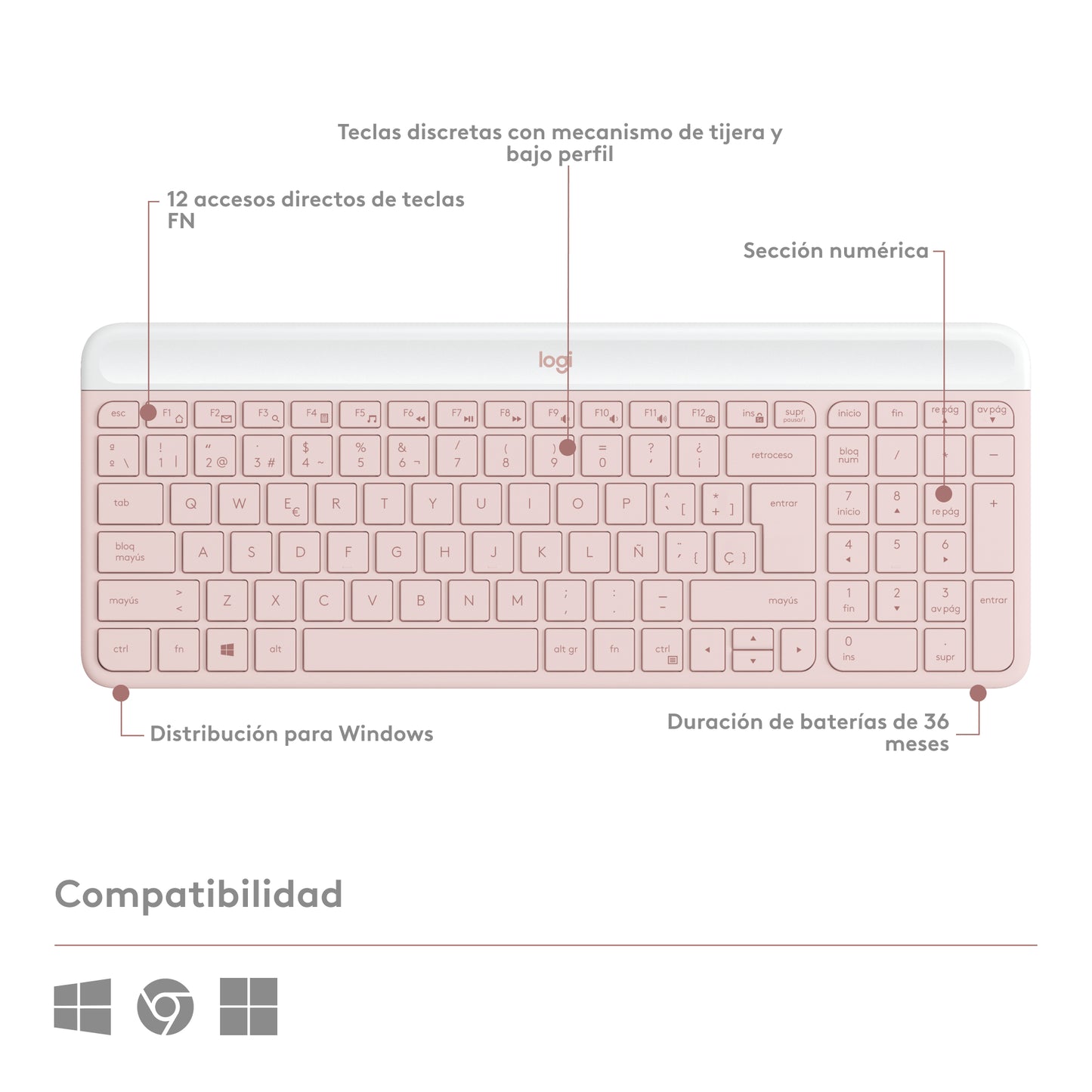 Combo Teclado Mouse Logitech MK470 Inalámbrico Silencioso Compacto - Slim Wireless USB Español Rosa Pastel
