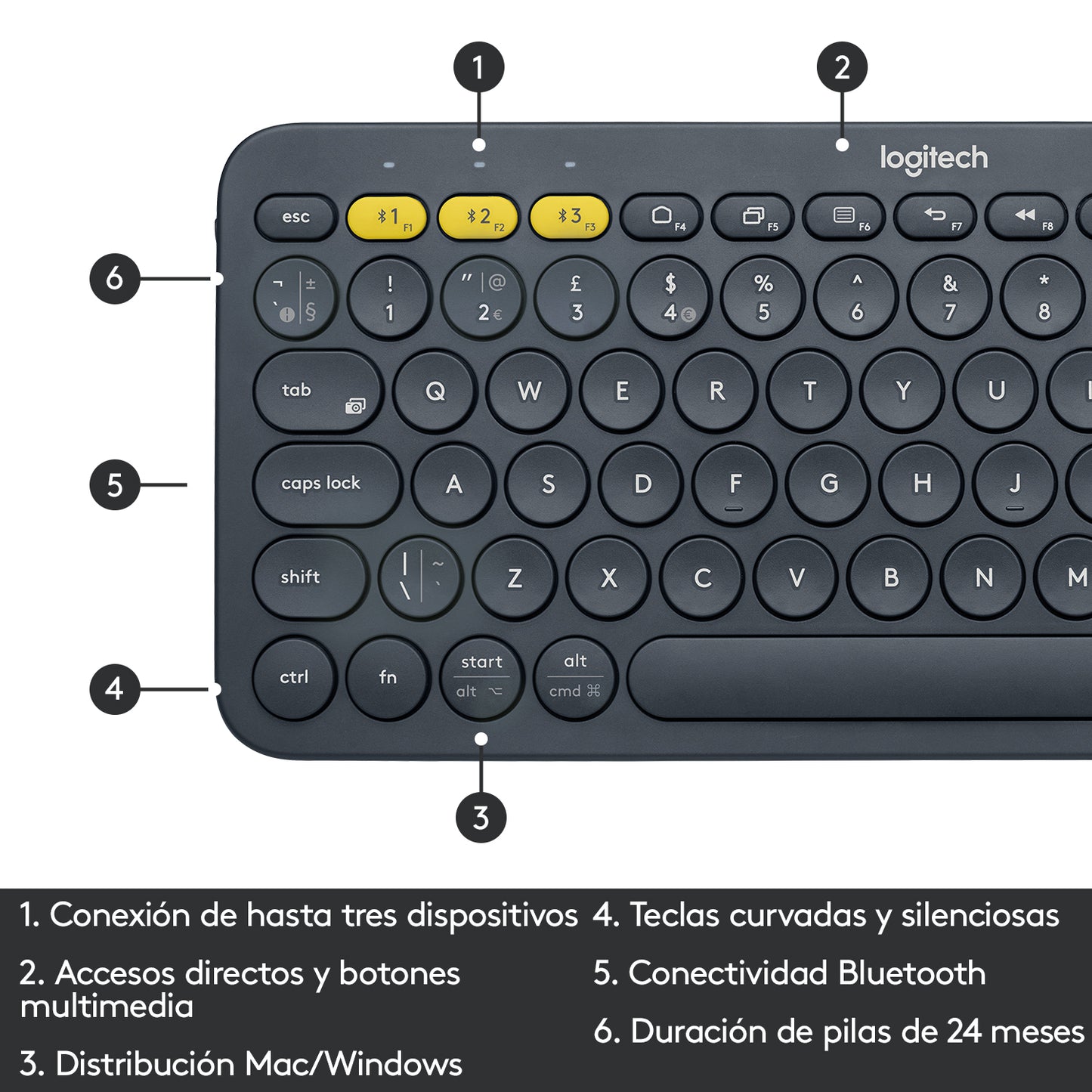 Teclado Logitech Pebble Keys 2 K380S Bluetooth Inalámbrico Multi-Dispositivo Portátil - Windows Mac iOS Android Grafito