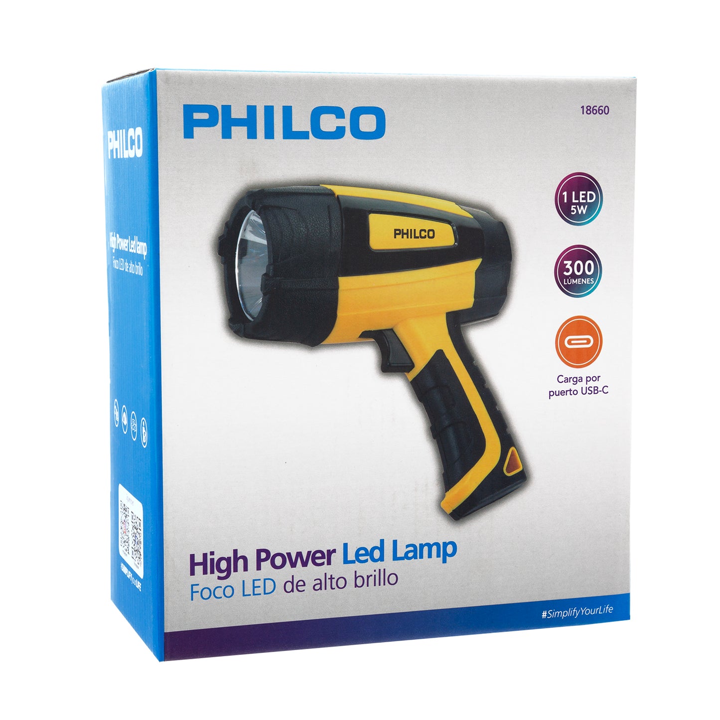 Foco Linterna Recargable LED High-Power Philco 2000mAh USB Amarillo