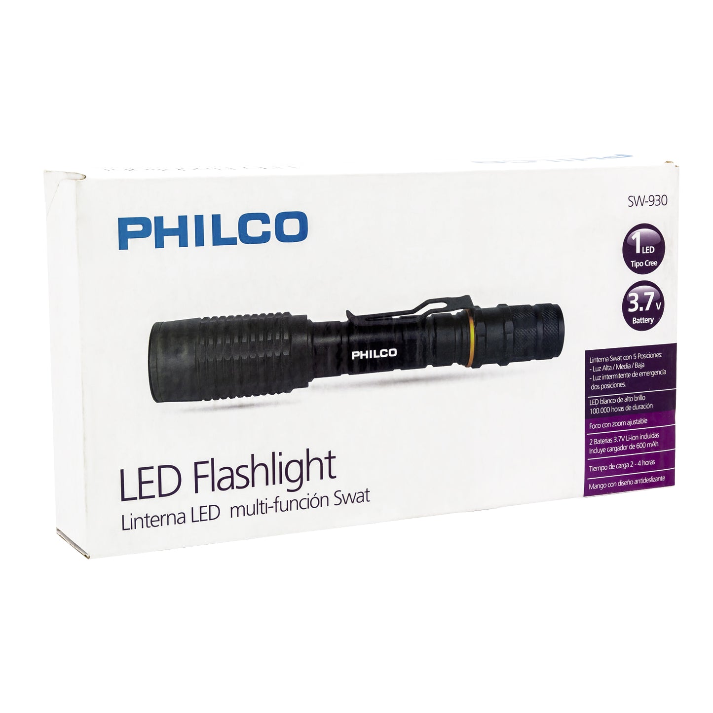 Linterna Swat Recargable LED Philco SW930 3W Zoom Ajustable Negro