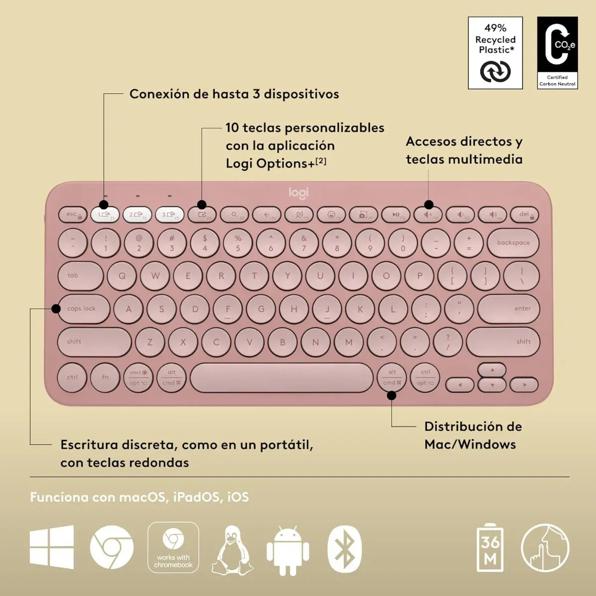 Teclado Inalámbrico Bluetooth Logitech Pebble Keys 2 K380S Rosado Español