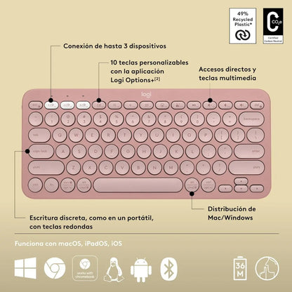 Teclado Inalámbrico Bluetooth Logitech Pebble Keys 2 K380S Rosado Español