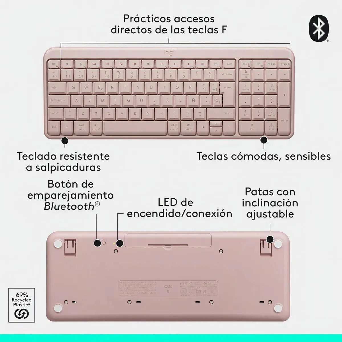 Teclado Inalámbrico Bluetooth Logitech K250 Rosado